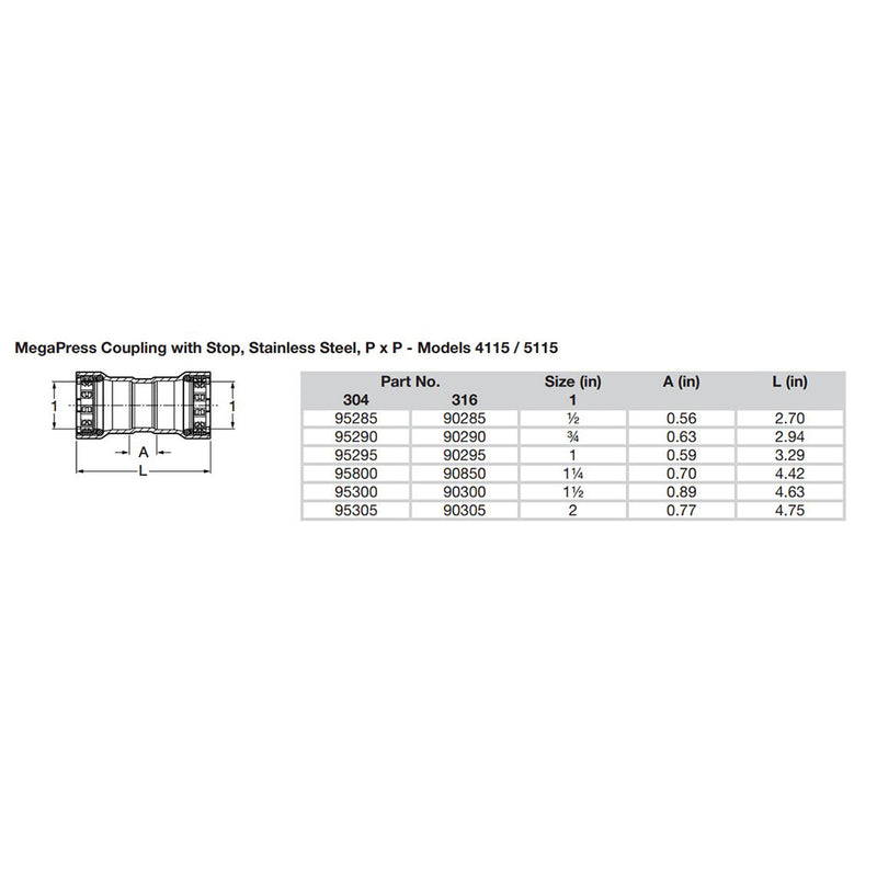 Load image into Gallery viewer, Viega MegaPress 3/4&quot; Stainless Steel 304 Coupling w/Stop - Double Press Connection - Smart Connect Technology [95290]
