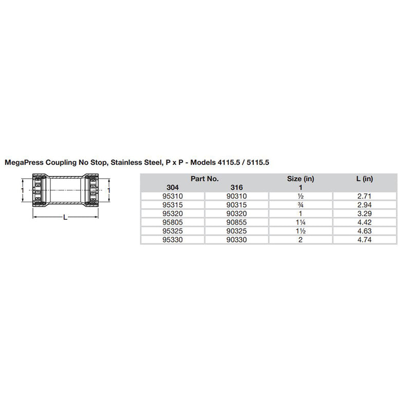 Load image into Gallery viewer, Viega MegaPress 3/4&quot; Stainless Steel 304 Coupling w/o Stop - Double Press Connection - Smart Connect Technology [95315]
